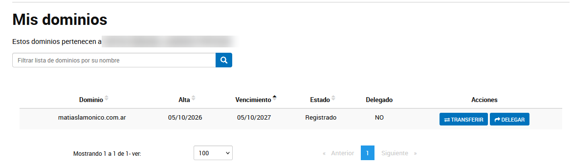 Estado Registrado con botones Transferir y Delegar